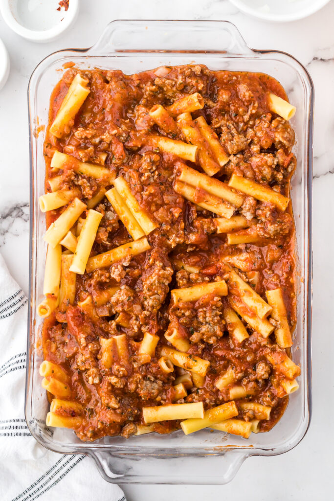 Baked-Ziti-with-Ricotta-add-sauce-and-noodles
